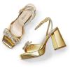 DREAM PAIRS Women’s Double Bowknots Platform Chunky Heels Rhinestone High Square Toe Dress Sandals for Wedding Bridal Party(Gold-pat)