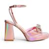DREAM PAIRS Women’s Double Bowknots Platform Chunky Heels Rhinestone High Square Toe Dress Sandals for Wedding Bridal Party(Pink-pu)