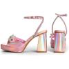 DREAM PAIRS Women’s Double Bowknots Platform Chunky Heels Rhinestone High Square Toe Dress Sandals for Wedding Bridal Party(Pink-pu)