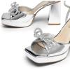 DREAM PAIRS Women’s Double Bowknots Platform Chunky Heels Rhinestone High Square Toe Dress Sandals for Wedding Bridal Party(Silver-pat)