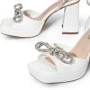 DREAM PAIRS Women’s Double Bowknots Platform Chunky Heels Rhinestone High Square Toe Dress Sandals for Wedding Bridal Party(White-pu)