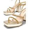 DREAM PAIRS Women’s Platform Strappy Heels Open Toe Ankle Strap Square Party Sandals Y2K Dress Shoes(Gold)