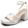 DREAM PAIRS Strappy Heels for Women Platform Chunky High 3-inch Heeled Sandals with Square Open Toe Ankle Buckle for Graduation Party Prom Daily Wedding(White-pu)