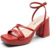 DREAM PAIRS Strappy Heels for Women Platform Chunky High 3-inch Heeled Sandals with Square Open Toe Ankle Buckle for Graduation Party Prom Daily Wedding(Red-pu)
