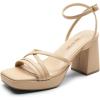 DREAM PAIRS Strappy Heels for Women Platform Chunky High 3-inch Heeled Sandals with Square Open Toe Ankle Buckle for Graduation Party Prom Daily Wedding(Nude-pu)