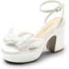 DREAM PAIRS Women’s Chunky Platform Heels Sandals Pleated Bow Knot Ankle Buckle Strap Heeled Sandals Open Toe Comfortable Wedding Party Dress Shoes(White-satin)