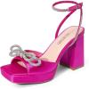 DREAM PAIRS Women’s Double Bowknots Platform Chunky Heels Rhinestone High Square Toe Dress Sandals for Wedding Bridal Party(Hot Pink-satin)