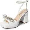 DREAM PAIRS Women’s Double Bowknots Platform Chunky Heels Rhinestone High Square Toe Dress Sandals for Wedding Bridal Party(White-pu)