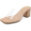 DREAM PAIRS Women’s Square Open Toe Heels Sandals Low Block Chunky Heeled Sandals Slide Sandals Slip on Comfortable Casual Pumps Shoes(Nude-clear)