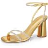 DREAM PAIRS Women’s Strappy Round Heels Open Square Toe Ankle Strap Party Sandals Dress Shoes(Gold-rhinestone)