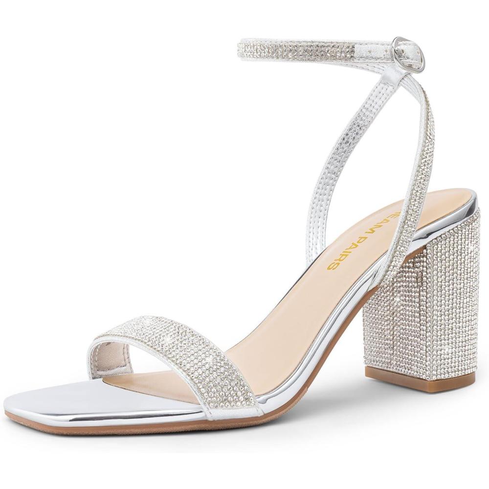 imageDREAM PAIRS Womens Chunky Heels Square Open Toe Ankle Buckle Strappy Block Heeled Sandals for Party Wedding DailySilverrhinestone