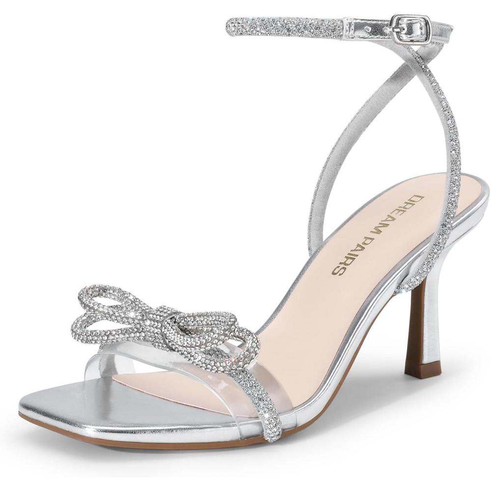 imageDREAM PAIRS Womens Double Bowknots Heels Open Square Toe Ankle Strap Crystal Rhinestone Dress Sandals for Party WeddingSilverpu