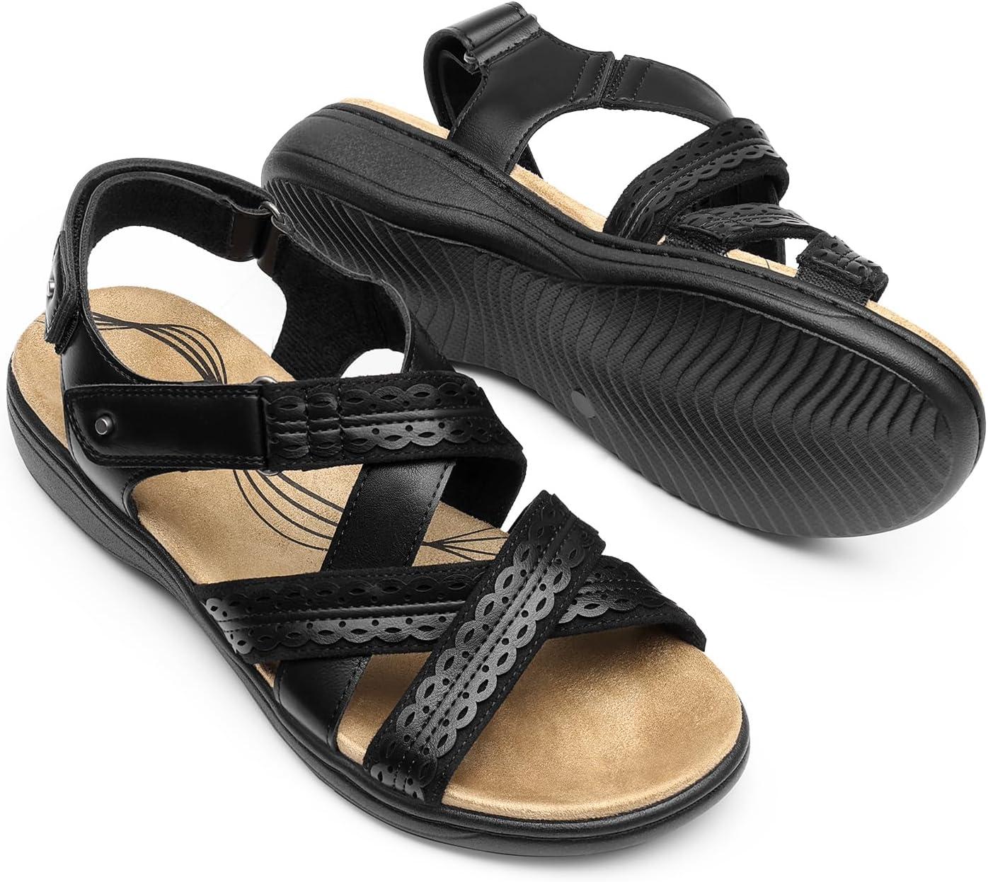 imageDREAM PAIRS Womens Arch Support Sandals Comfortable Open Toe Dress Flats Walking Sandals For SummerBlack