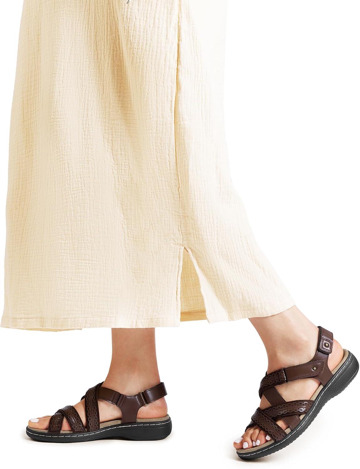 imageDREAM PAIRS Womens Arch Support Sandals Comfortable Open Toe Dress Flats Walking Sandals For SummerBrown