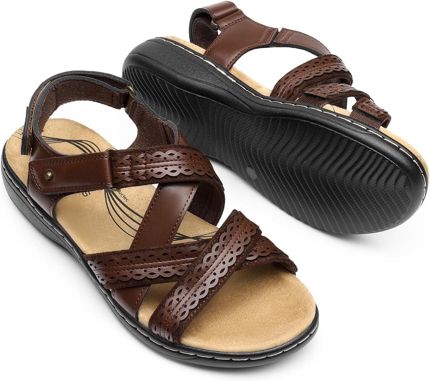 imageDREAM PAIRS Womens Arch Support Sandals Comfortable Open Toe Dress Flats Walking Sandals For SummerBrown