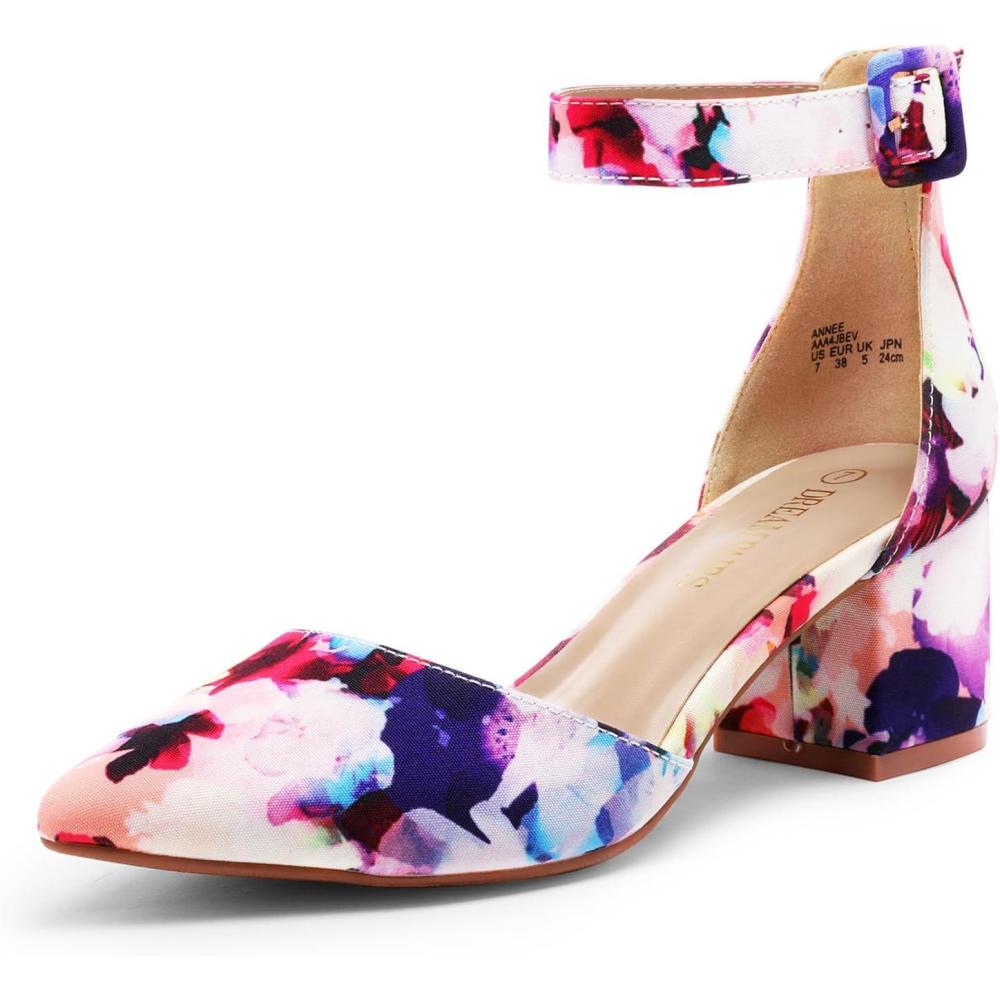 imageDREAM PAIRS ANNEE Pointed Toe Low Chunky Heels Pump ShoesFloral