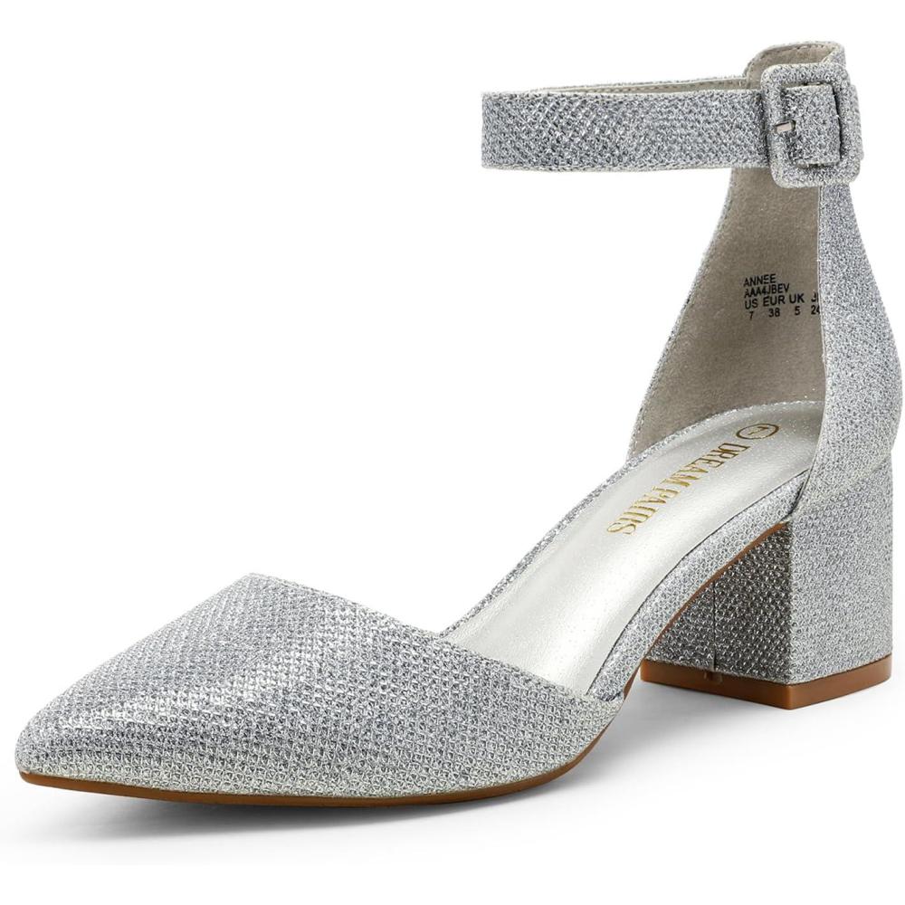 imageDREAM PAIRS ANNEE Pointed Toe Low Chunky Heels Pump ShoesSilverGlitter