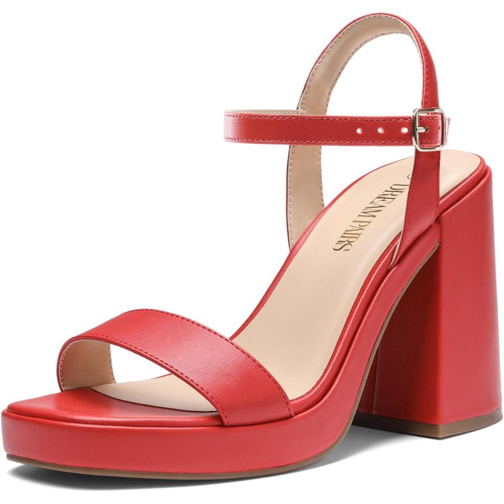 imageDREAM PAIRS Heels for Women Block Chunky Platform High Heels Open Toe GISELLE Fashion Wedding Party Evening Prom Dance Ankle Strap Dress Pump Sandals ShoesRed