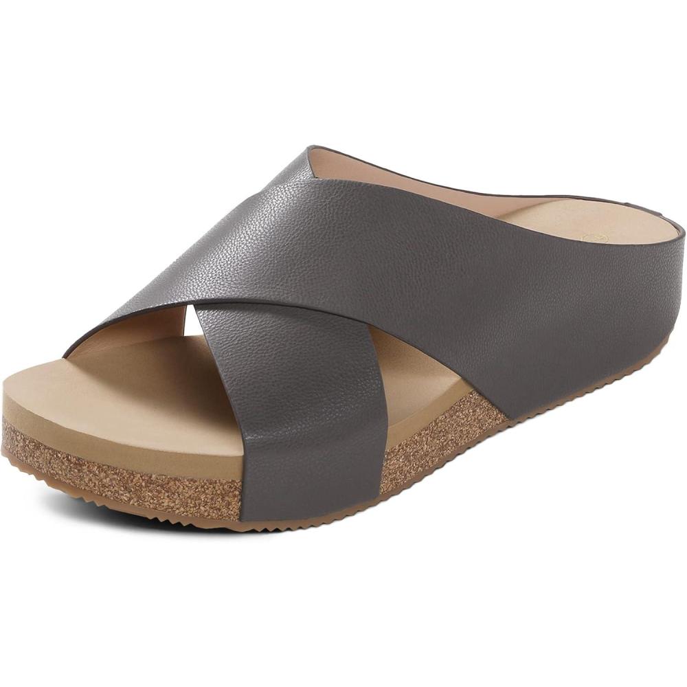 imageDREAM PAIRS Womens Cork Slide Sandals Slip on Open Toe Cute Platform Criss Cross Flat Sandals for SummerBrownPu