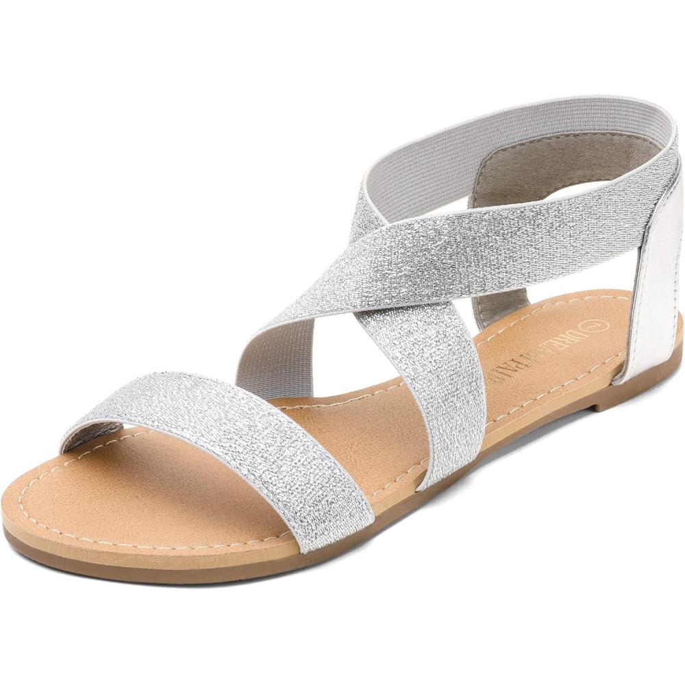 imageDREAM PAIRS Womens Elastic Ankle Strap Flat Sandals Summer Dressy Shoes Cute Strappy Gladiator SandalsSilverPu