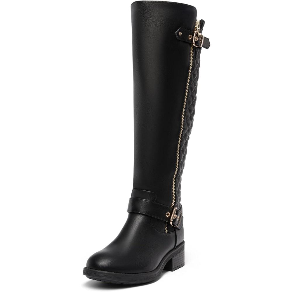 imageDREAM PAIRS Womens KneeHigh Boots Comfortable Chunky Block Heel Round Toe Side Zipper Riding Fashion Buckles Biker Motorcycle BootsBlack