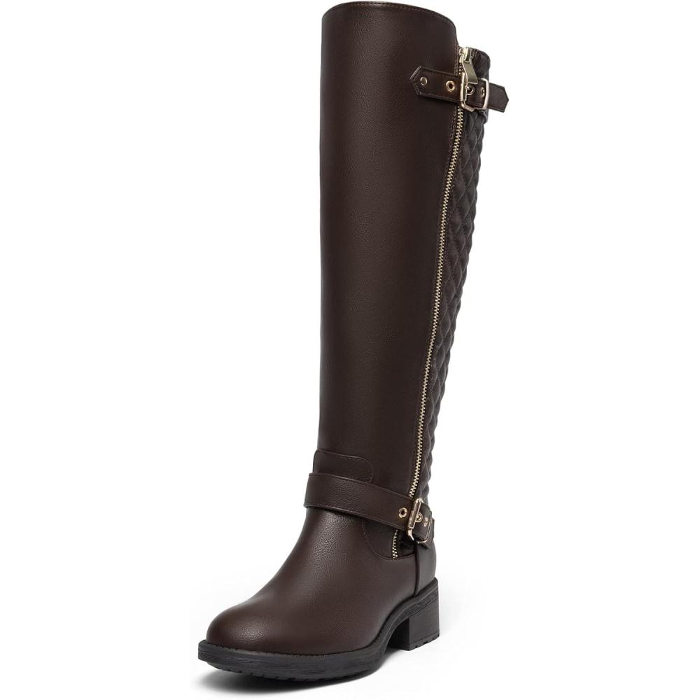 imageDREAM PAIRS Womens KneeHigh Boots Comfortable Chunky Block Heel Round Toe Side Zipper Riding Fashion Buckles Biker Motorcycle BootsBrown