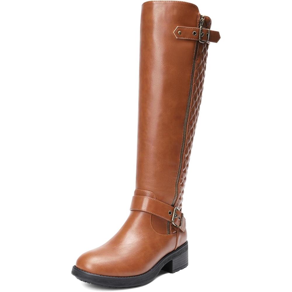 imageDREAM PAIRS Womens KneeHigh Boots Comfortable Chunky Block Heel Round Toe Side Zipper Riding Fashion Buckles Biker Motorcycle BootsLight Brown