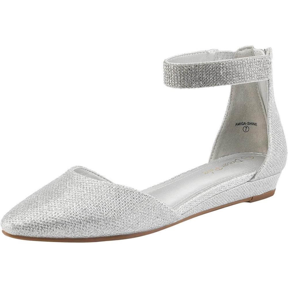 imageDREAM PAIRS Womens Low Wedge Round Toe Ankle Strap Dress Comfortable Casual Flats ShoesSilverGlitter