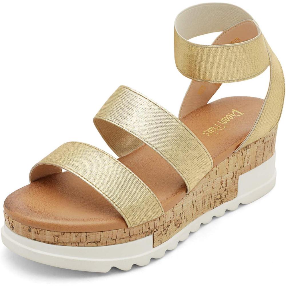 imageDREAM PAIRS Womens Open Toe Elastic Ankle Strap Casual Flatform Platform Wedges SandalsGold
