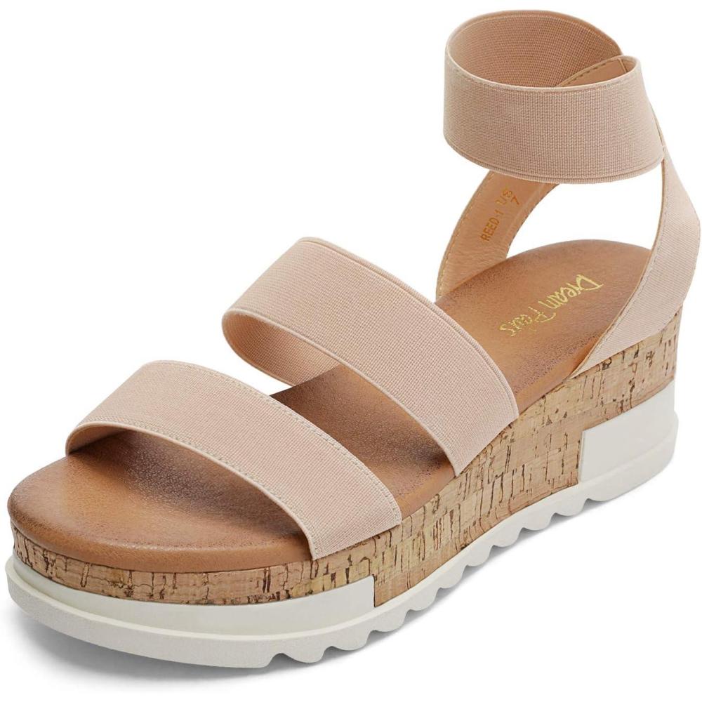 imageDREAM PAIRS Womens Open Toe Elastic Ankle Strap Casual Flatform Platform Wedges SandalsNude