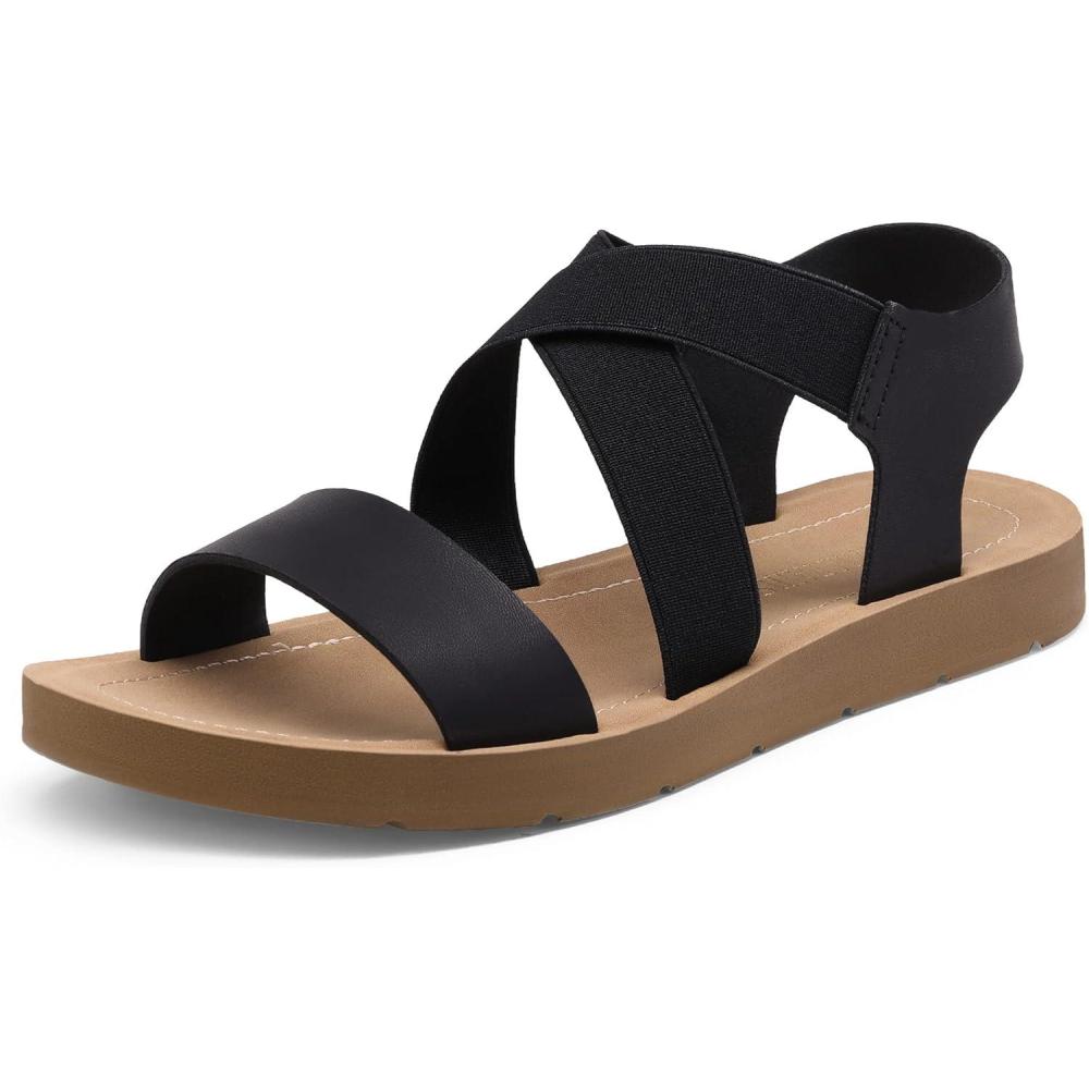 imageDREAM PAIRS Womens Open Toe Elastic Ankle Strap Flat Summer SandalsSize 8BlackELENA2