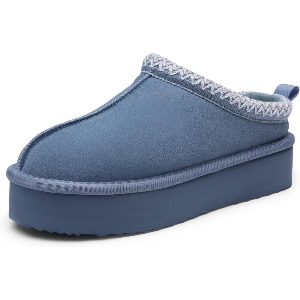 imageDREAM PAIRS Womens Platform Slippers Genuine Suede Slipon Warm FuzzyEasy Autumn Winter Fluffy Comfy Furry Shoes for Outdoor IndoorDark Blue