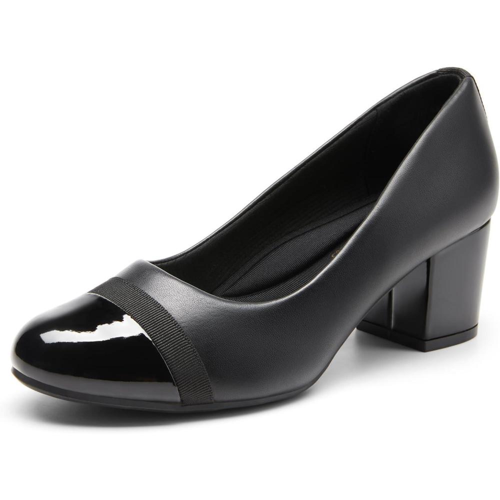 imageDREAM PAIRS Womens Pumps Low Chunky Block Heel Dress Shoes Closed Round Toe Comfortable HeelsBlackpat