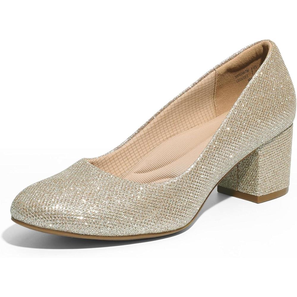 imageDREAM PAIRS Womens Pumps Low Chunky Block Heel Dress Shoes Closed Round Toe Comfortable HeelsGold