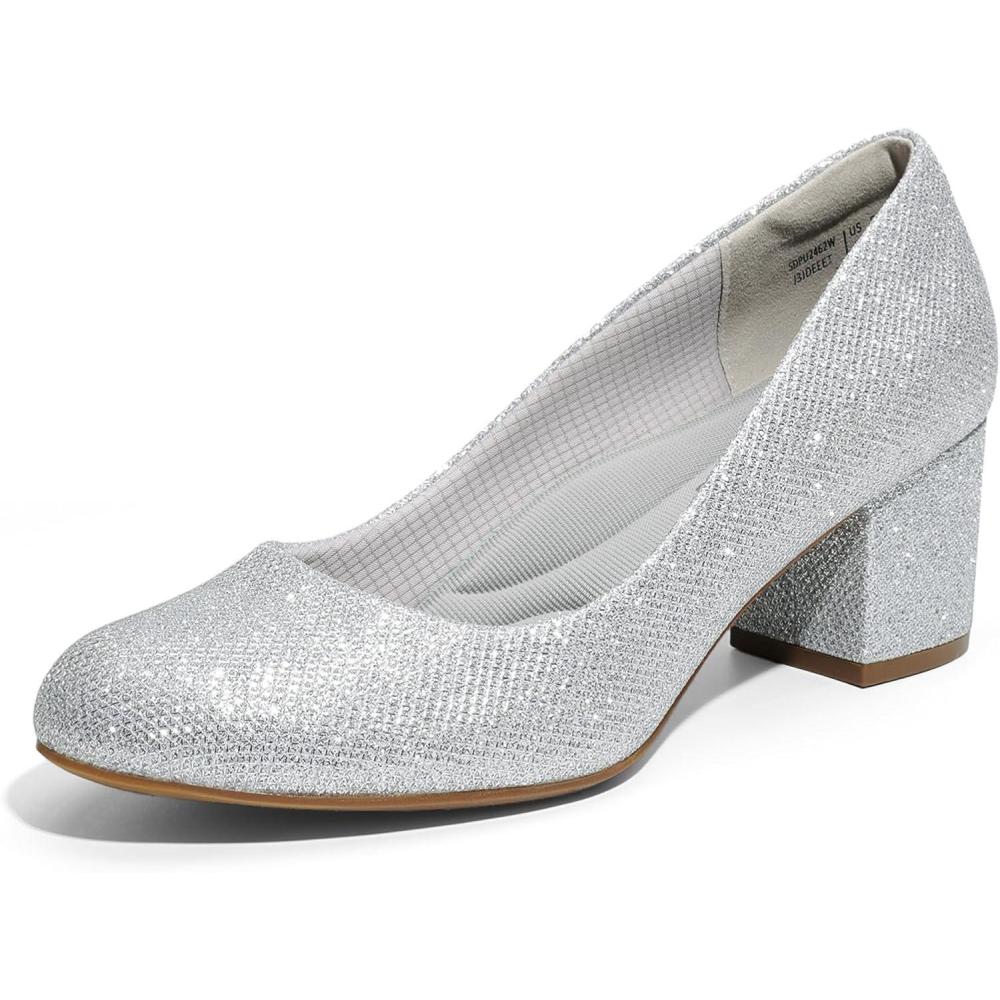 imageDREAM PAIRS Womens Pumps Low Chunky Block Heel Dress Shoes Closed Round Toe Comfortable HeelsSilver