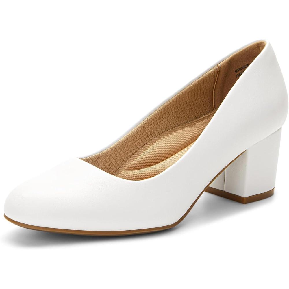 imageDREAM PAIRS Womens Pumps Low Chunky Block Heel Dress Shoes Closed Round Toe Comfortable HeelsWhitepu