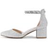 DREAM PAIRS ANNEE Pointed Toe Low Chunky Heels Pump Shoes(Silver-rhinestone)