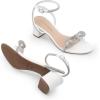 DREAM PAIRS Women’s Double Bowknots Crystal Sandals Low Chunky Heels Clear Slingback Dress Shoes for Wedding Bridal Party(White)
