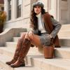 DREAM PAIRS Women’s Knee-High Boots Comfortable Chunky Block Heel Round Toe Side Zipper Riding Fashion Buckles Biker Motorcycle Boots(Tan)