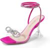 DREAM PAIRS Stiletto Bow Heels for Women Strappy Sparkly Rhinestone Square Toe Clear Crystal High Sandals for Party Wedding(Hot Pink-satin)