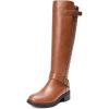 DREAM PAIRS Women’s Knee-High Boots Comfortable Chunky Block Heel Round Toe Side Zipper Riding Fashion Buckles Biker Motorcycle Boots(Light Brown)