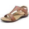 DREAM PAIRS Womens Sandals Arch Support T-Strap Orthopedic Flat Sandals Comfortable Summer Shoes(Tan)