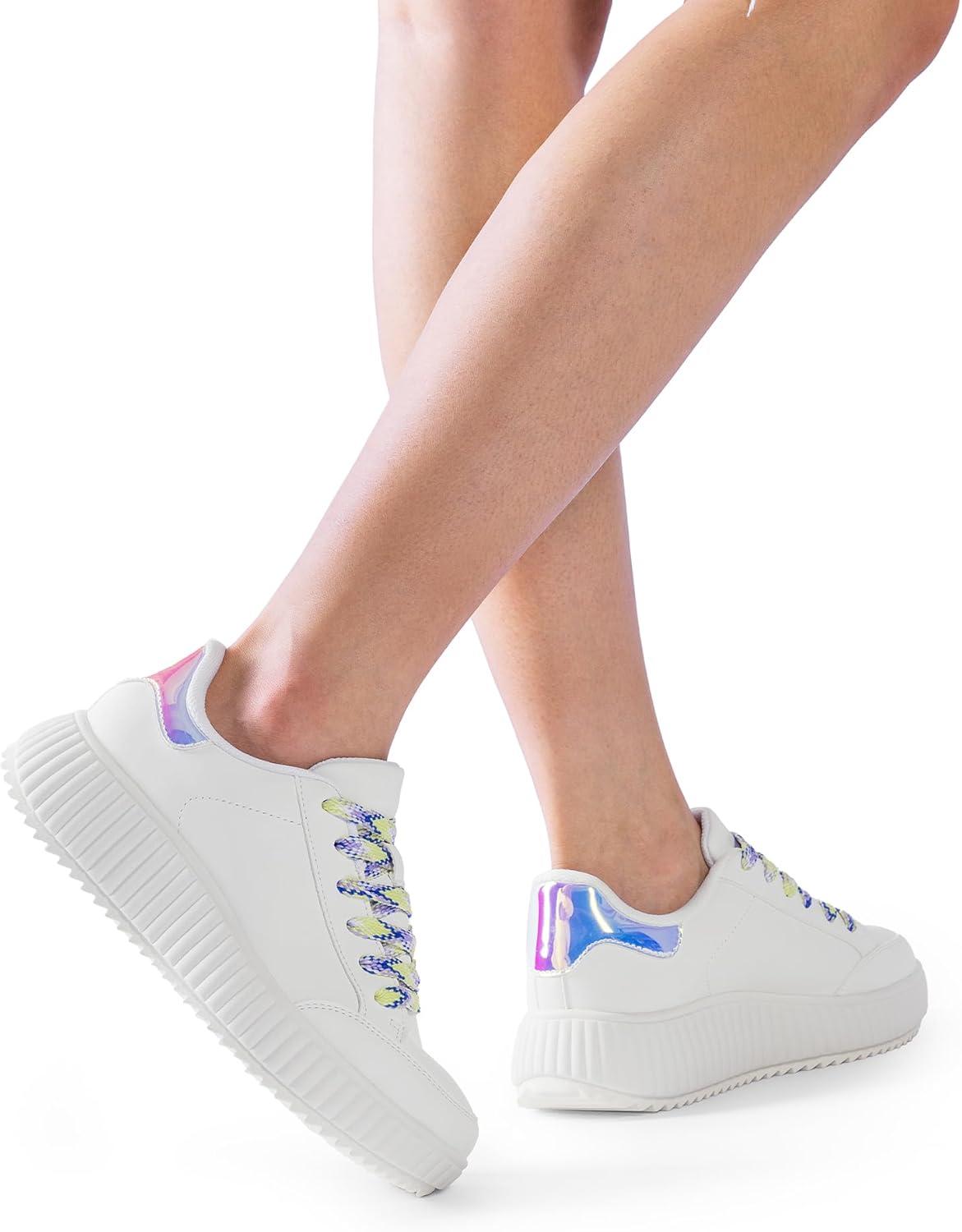 imageDREAM PAIRS Women Platform Chunky Lightweight Comfortable Casual Faux Leather LaceUp Dee Walking Fashion SneakersWhiteRainbowpu