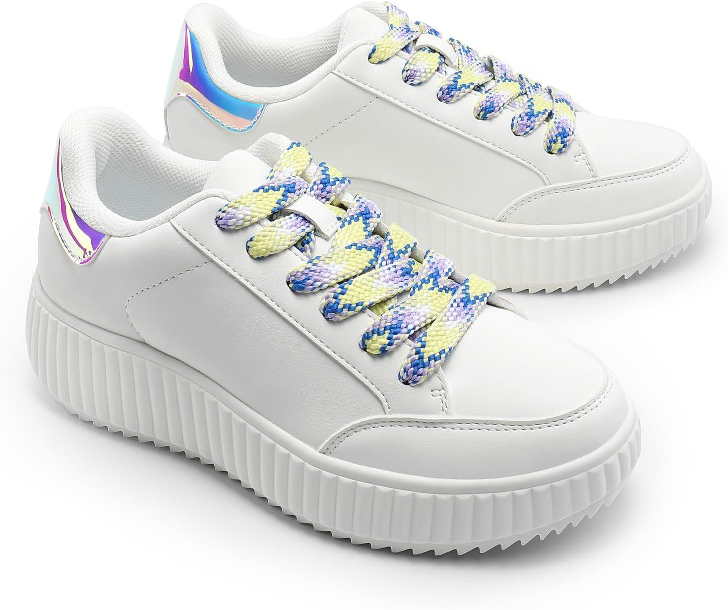 imageDREAM PAIRS Women Platform Chunky Lightweight Comfortable Casual Faux Leather LaceUp Dee Walking Fashion SneakersWhiteRainbowpu