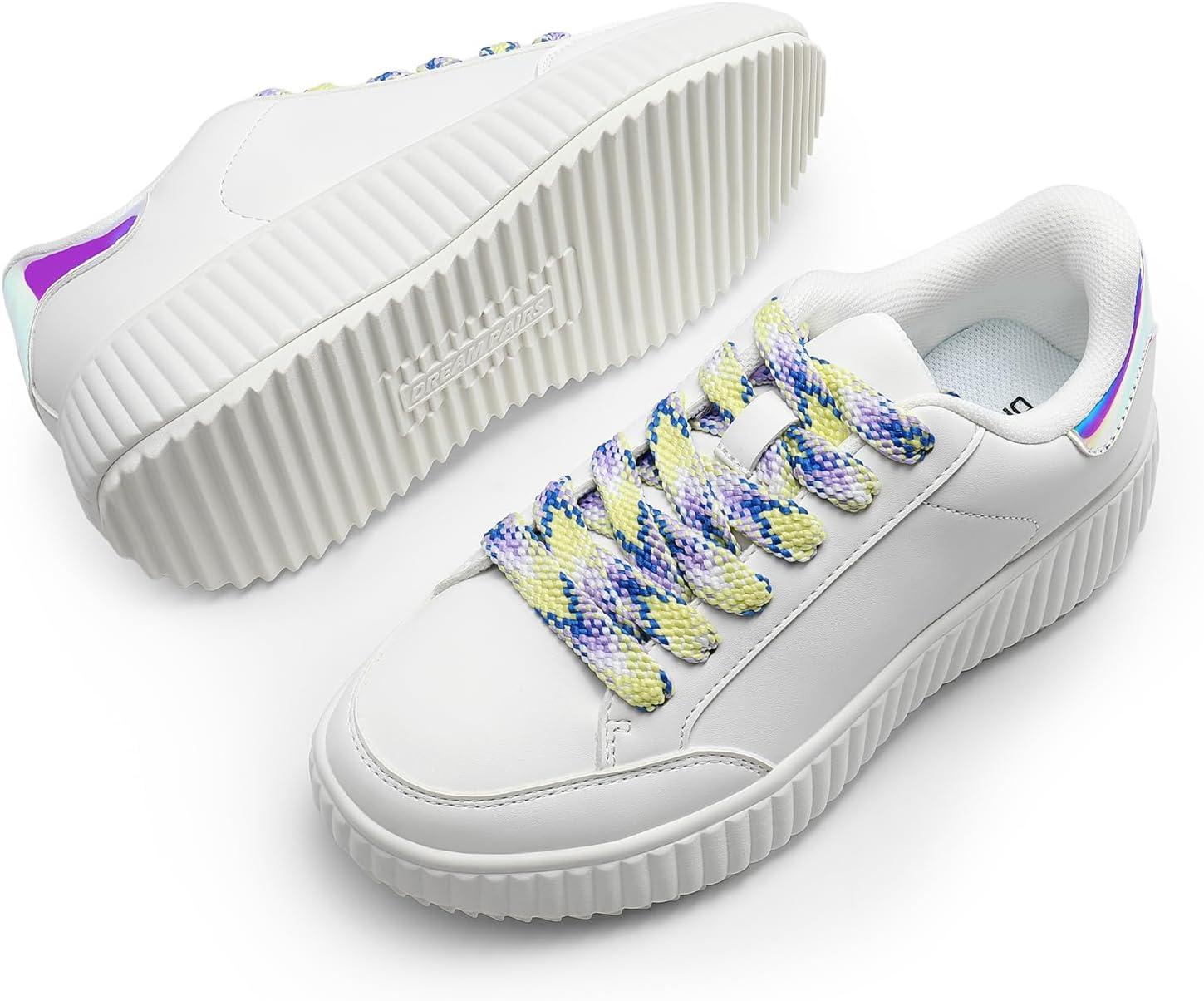 imageDREAM PAIRS Women Platform Chunky Lightweight Comfortable Casual Faux Leather LaceUp Dee Walking Fashion SneakersWhiteRainbowpu