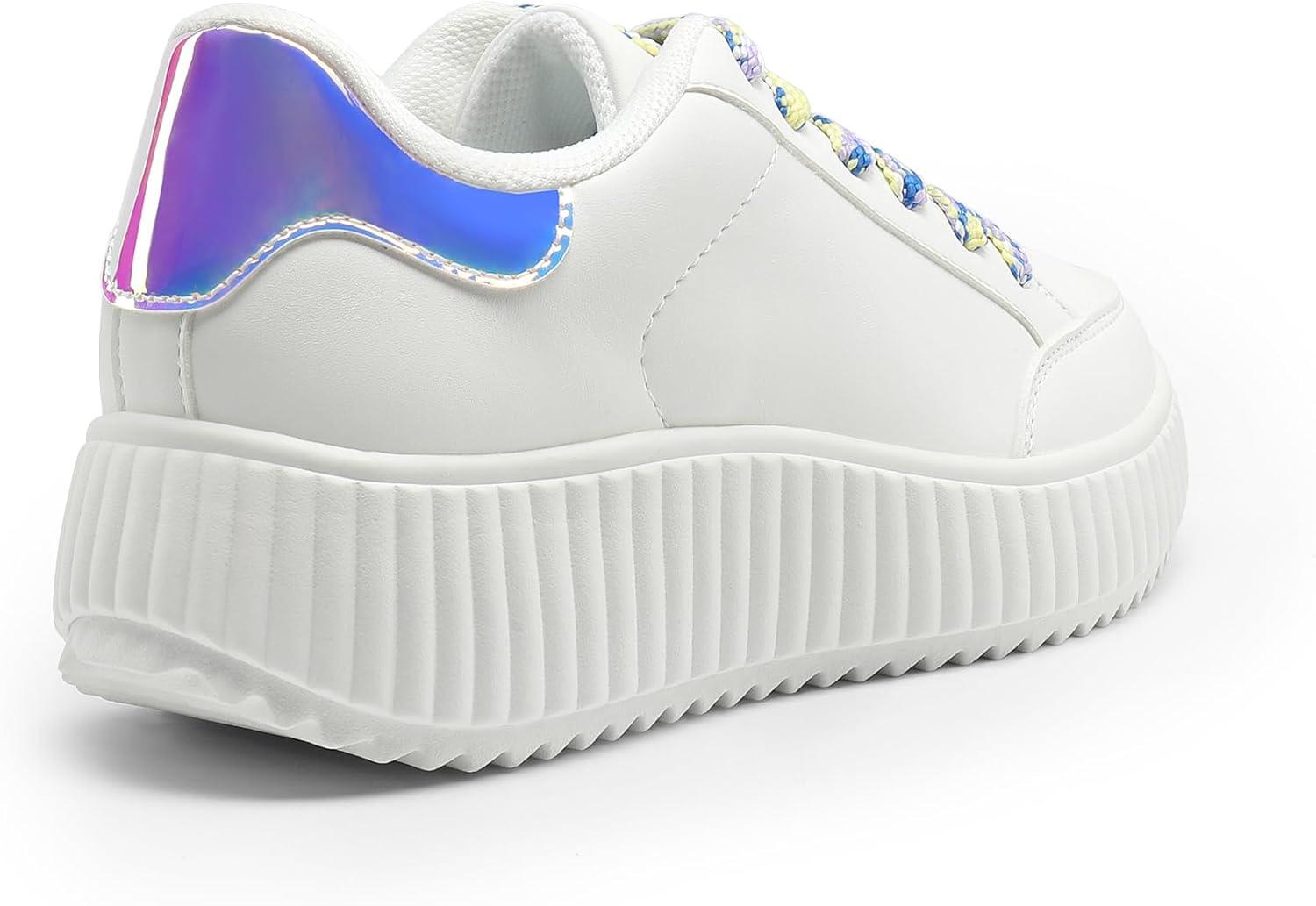 imageDREAM PAIRS Women Platform Chunky Lightweight Comfortable Casual Faux Leather LaceUp Dee Walking Fashion SneakersWhiteRainbowpu