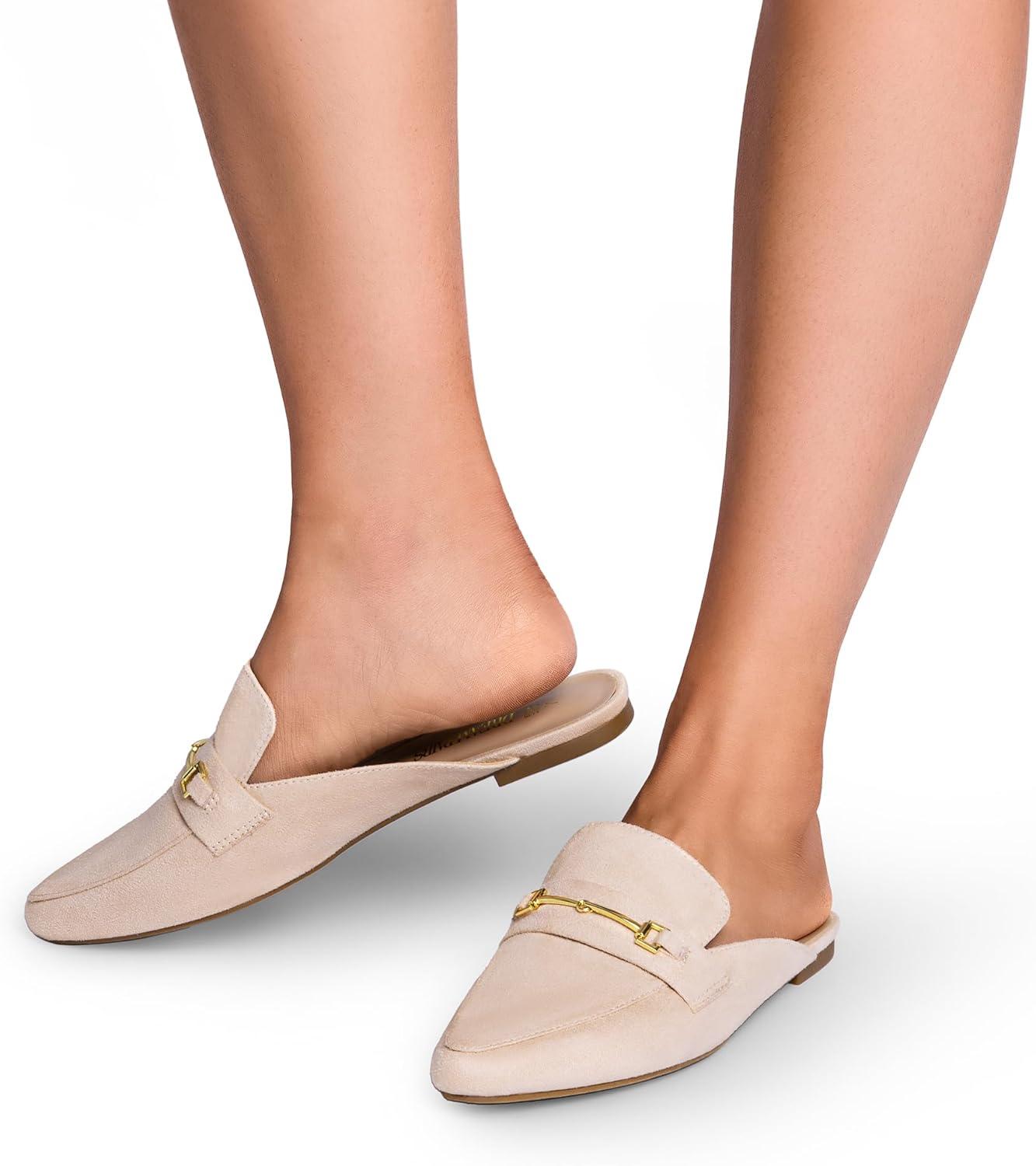 imageDREAM PAIRS Womens Flat Mules Buckle Pointed Toe Backless Slip on Slides Loafer ShoesBeigeSuede