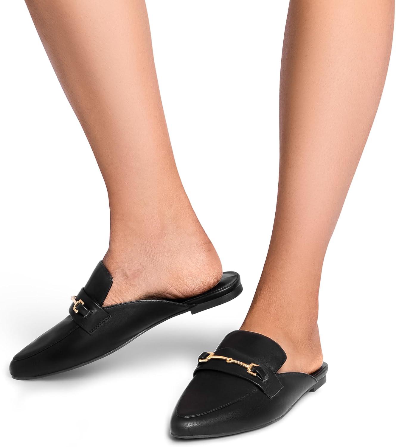 imageDREAM PAIRS Womens Flat Mules Buckle Pointed Toe Backless Slip on Slides Loafer ShoesBlackPu