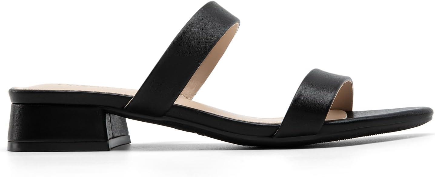 imageDREAM PAIRS Womens Slides Heels Slip On Low Block Sandals Two Strap Open Round Toe Chunky Casual Summer Mules ShoesBlack