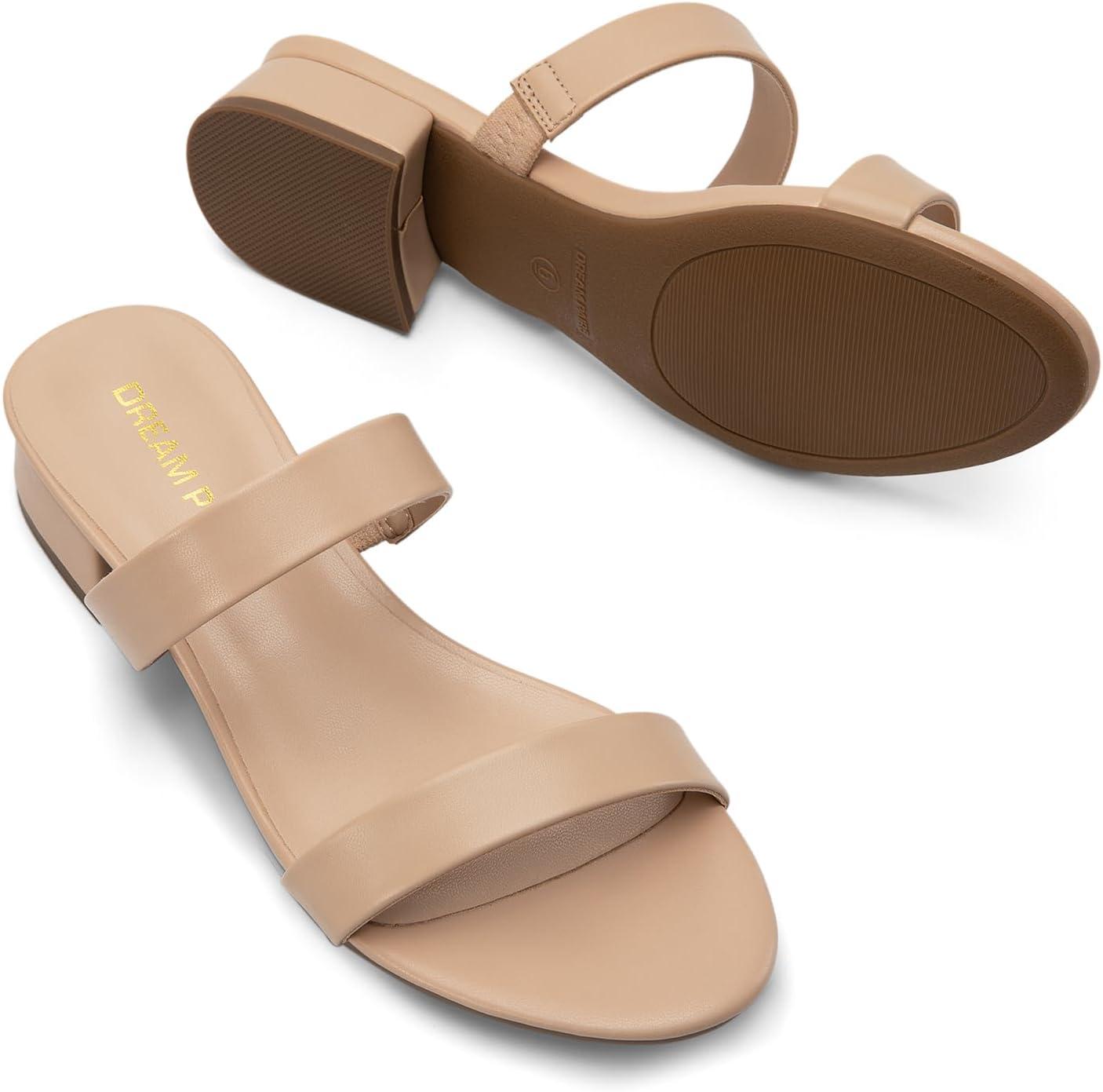 imageDREAM PAIRS Womens Slides Heels Slip On Low Block Sandals Two Strap Open Round Toe Chunky Casual Summer Mules ShoesNudepu